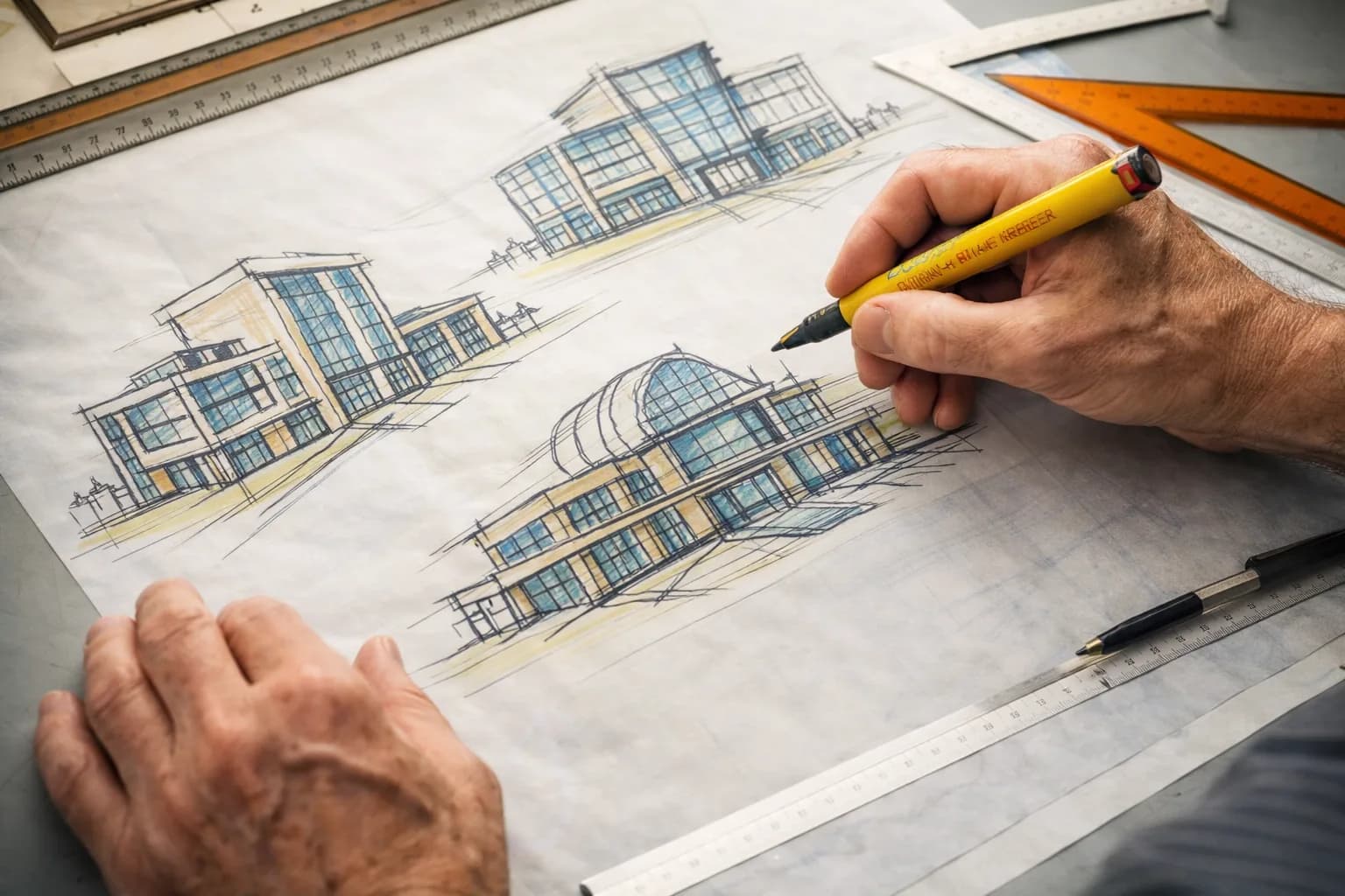 Architects reviewing blueprints